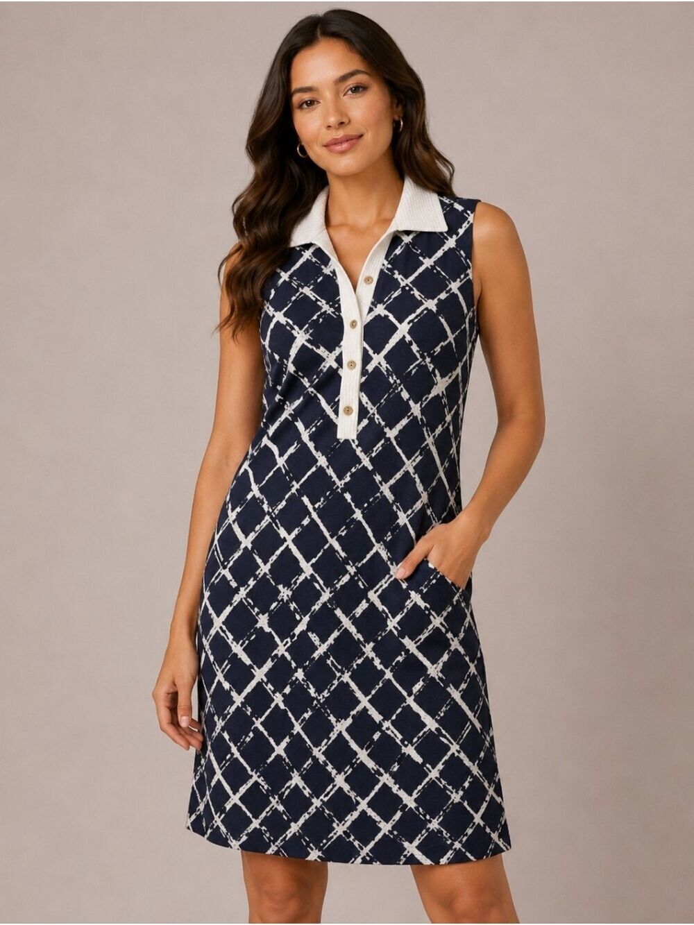 Vince Camuto Navy Blue White Geometric Grid Polo Dress Size 2 Preppy Athleisure